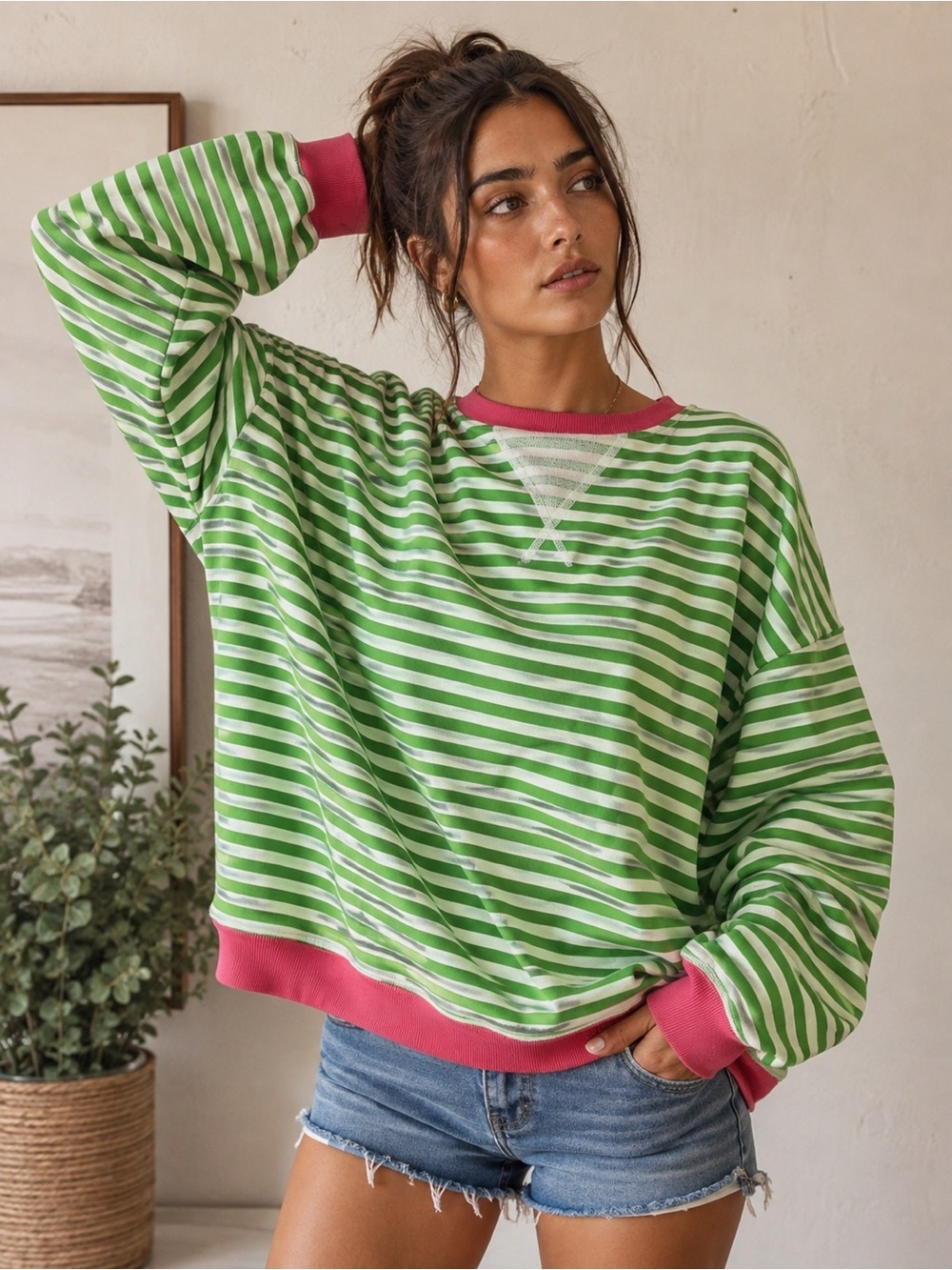 FREE PEOPLE Classic Striped Oversized Crewneck Pink Clover Combo Size M